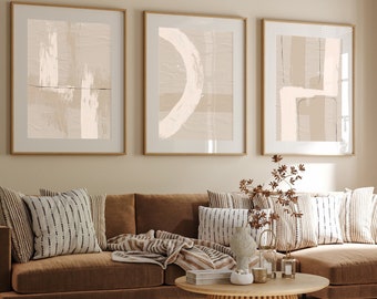 Set of 3, Geometric Abstract Art, Black Neutral Beige, Living Room Wall Art Poster Prints for Frame,Brush Strokes,Contemporary,Neutral A2