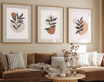 Boho abstracte muurkunstafdrukken, boho muurdecoratie, set van 3 prenten, scandi kunst, midden eeuw, zwart, beige, groen, terracotta, boho kunst aan de muur
