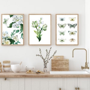 Flower,Butterfly, Green Wall Art, Botanical Prints, Set of 3 Prints, Botanical Wall Art, Art Prints, Botanical Wall Art ,Boho Leaf Prints