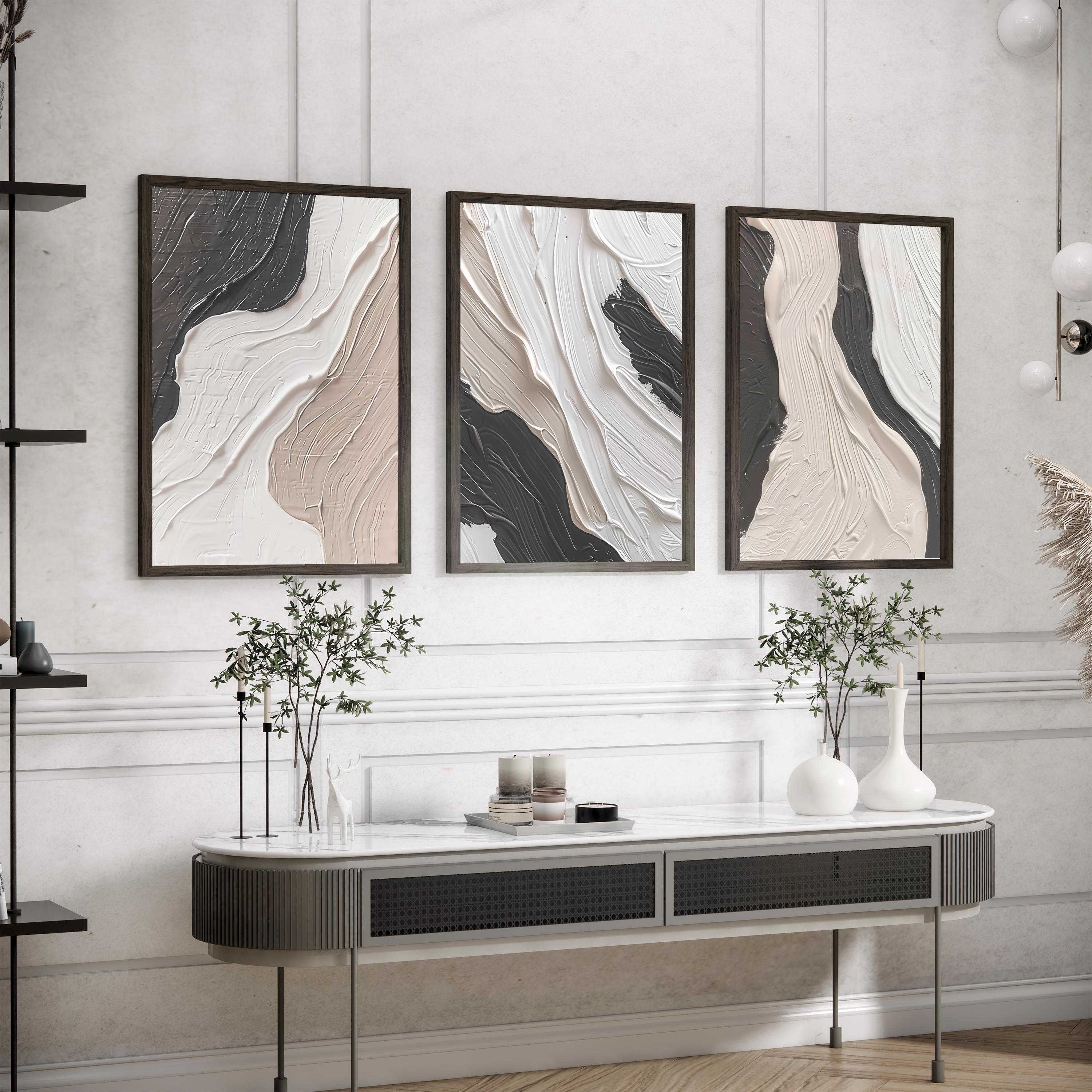 Set of 3 Prints, Geometric Abstract Art, Black Neutral Beige, Living ...