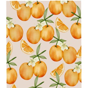 May include: A watercolor illustration of oranges and orange blossoms with the text "LES AGRUMES L'ORANGE SANGUINE" on a light peach background.