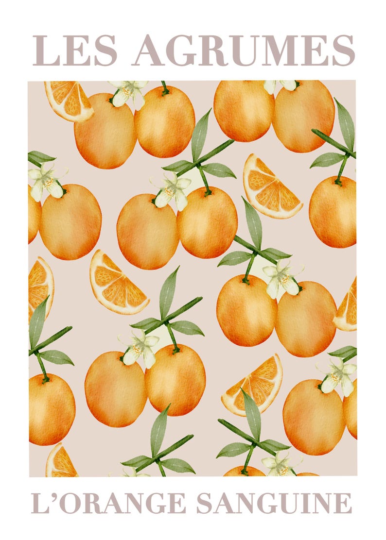 May include: A watercolor illustration of oranges and orange blossoms with the text "LES AGRUMES L'ORANGE SANGUINE" on a light peach background.