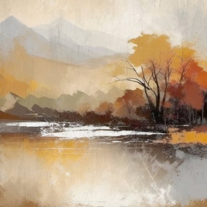 May include: Abstract painting of a landscape with a lake, mountains, and trees in shades of brown, yellow, and gray.