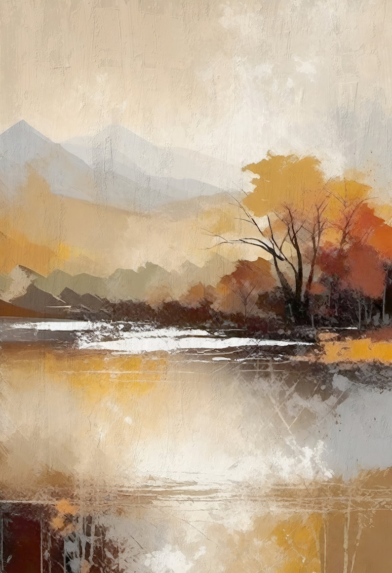 May include: Abstract painting of a landscape with a lake, mountains, and trees in shades of brown, yellow, and gray.