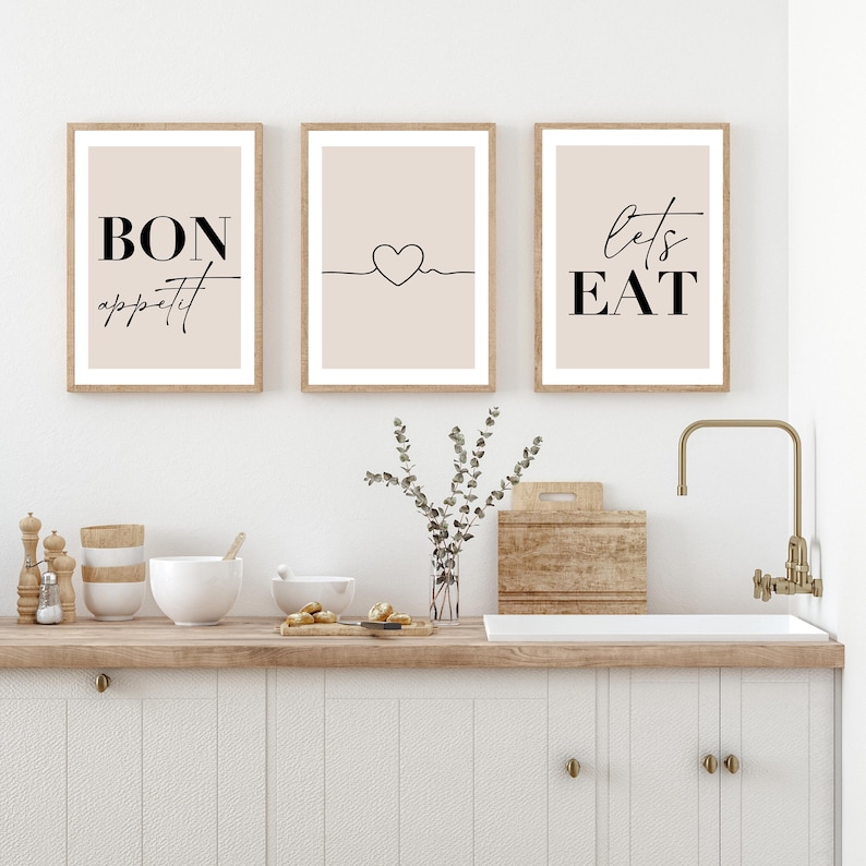 neutral beige kitchen prints, dining room prints, set... Bon Appetit, Lets Eat Dining Room Prints, Set of 3 Prints. Kitchen Wall ...