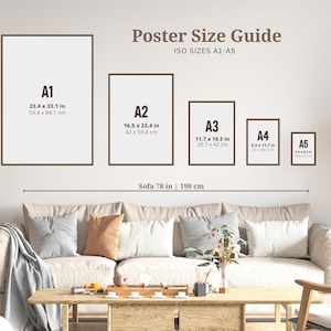 May include: A guide to poster sizes, showing the dimensions of A1, A2, A3, A4, and A5 paper sizes in inches and centimeters. The poster sizes are shown on a wall above a beige sofa with throw pillows.