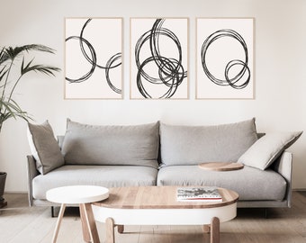 Black and Beige Abstract Circle Line Art Set of 3, Black,Beige, Minimal Contemporary Print, Wall Art, Poster, Gallery Wall Art, Home Decor