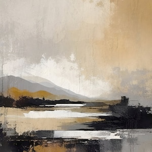 May include: Abstract landscape painting with a muted color palette of gray, brown, and white. The painting features a series of horizontal lines and shapes, creating a sense of depth and movement. The painting is reminiscent of a mountain range and a body of water.