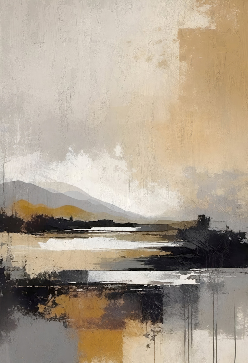 May include: Abstract landscape painting with a muted color palette of gray, brown, and white. The painting features a series of horizontal lines and shapes, creating a sense of depth and movement. The painting is reminiscent of a mountain range and a body of water.