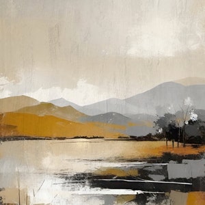 May include: Abstract landscape painting with a lake, mountains, and trees in shades of gray, brown, and white.