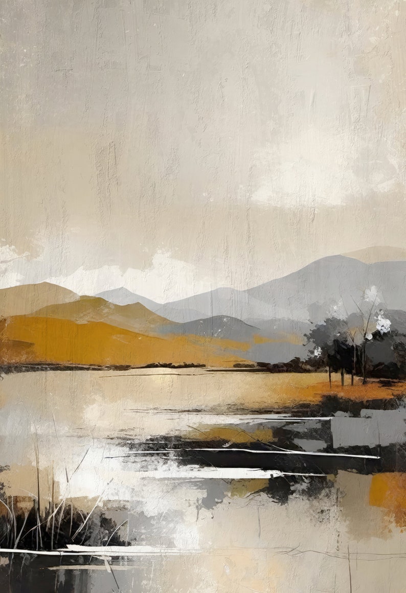 May include: Abstract landscape painting with a lake, mountains, and trees in shades of gray, brown, and white.