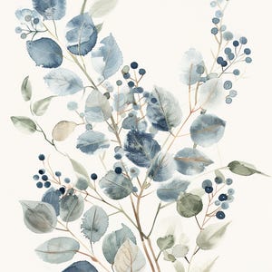 May include: Watercolour painting of a blue and green leafy branch with small blue berries. The branch is painted in a delicate, flowing style, with soft, muted colours.