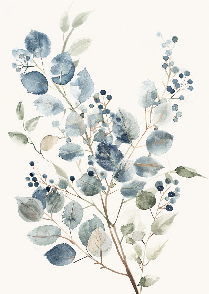May include: Watercolour painting of a blue and green leafy branch with small blue berries. The branch is painted in a delicate, flowing style, with soft, muted colours.