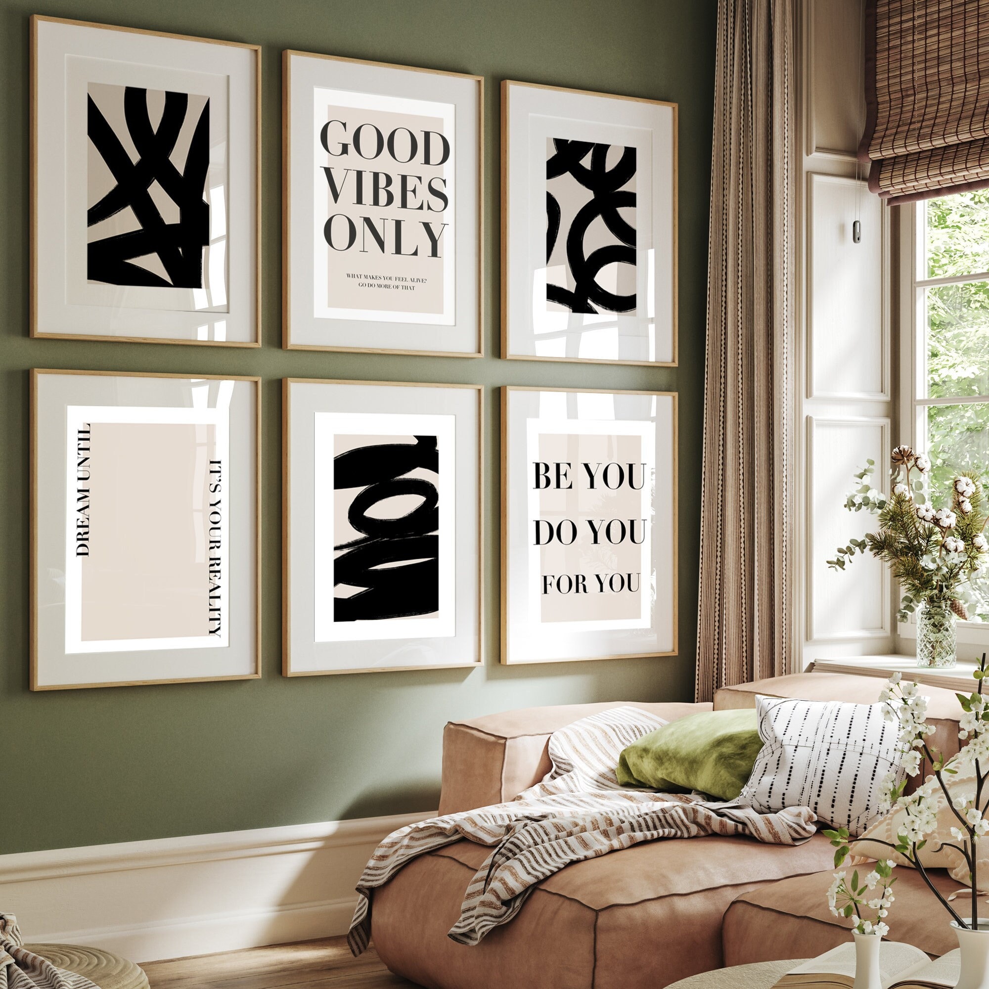 Set of 6, Geometric Abstract Art, Black Neutral Beige, Good Vibes