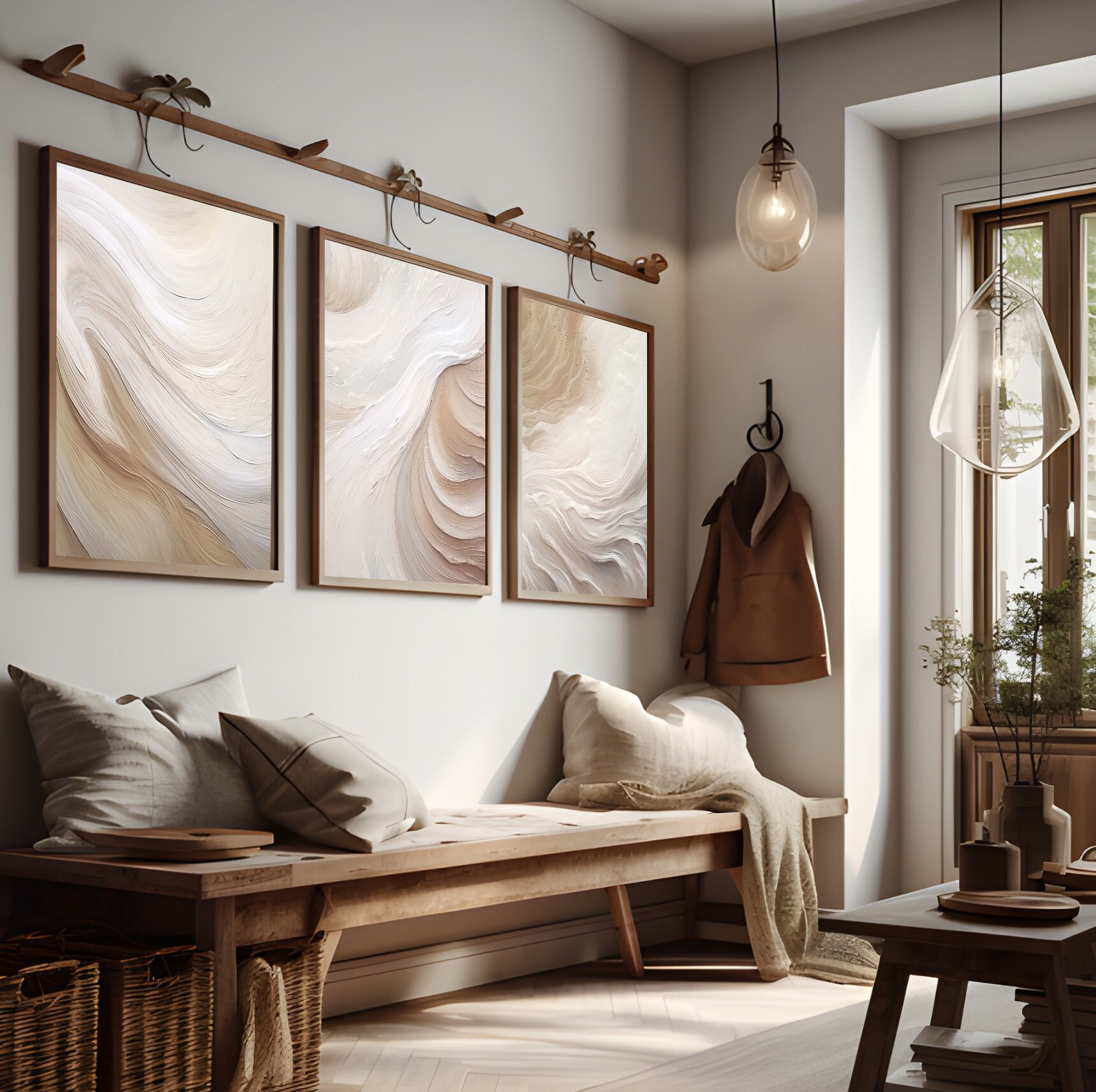 Set of 3, Geometric Abstract Art, Neutral Beige, Living Room Wall Art ...
