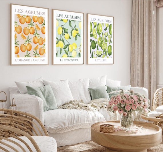 Set Of 3 French Fruit Art Prints, Fruit Wall Art, Citrus Fruit Print, Kitchen Wall Art, Lemons Art, Orange Art, Lime Art, Home Décor