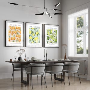 May include: Three framed prints with a white background and a colorful illustration of citrus fruits. The prints are titled "Les Agrumes" and each features a different type of citrus fruit: orange, lemon, and lime. The prints are hanging on a white wall above a wooden dining table with six chairs.