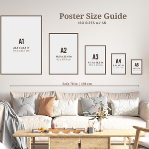 May include: A guide to poster sizes, showing the dimensions of A1, A2, A3, A4, and A5 paper sizes in inches and centimeters. The poster sizes are shown on a wall above a sofa.