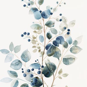 May include: Watercolour painting of a blue and green floral arrangement with berries. The painting features delicate branches with leaves and berries in shades of blue and green.