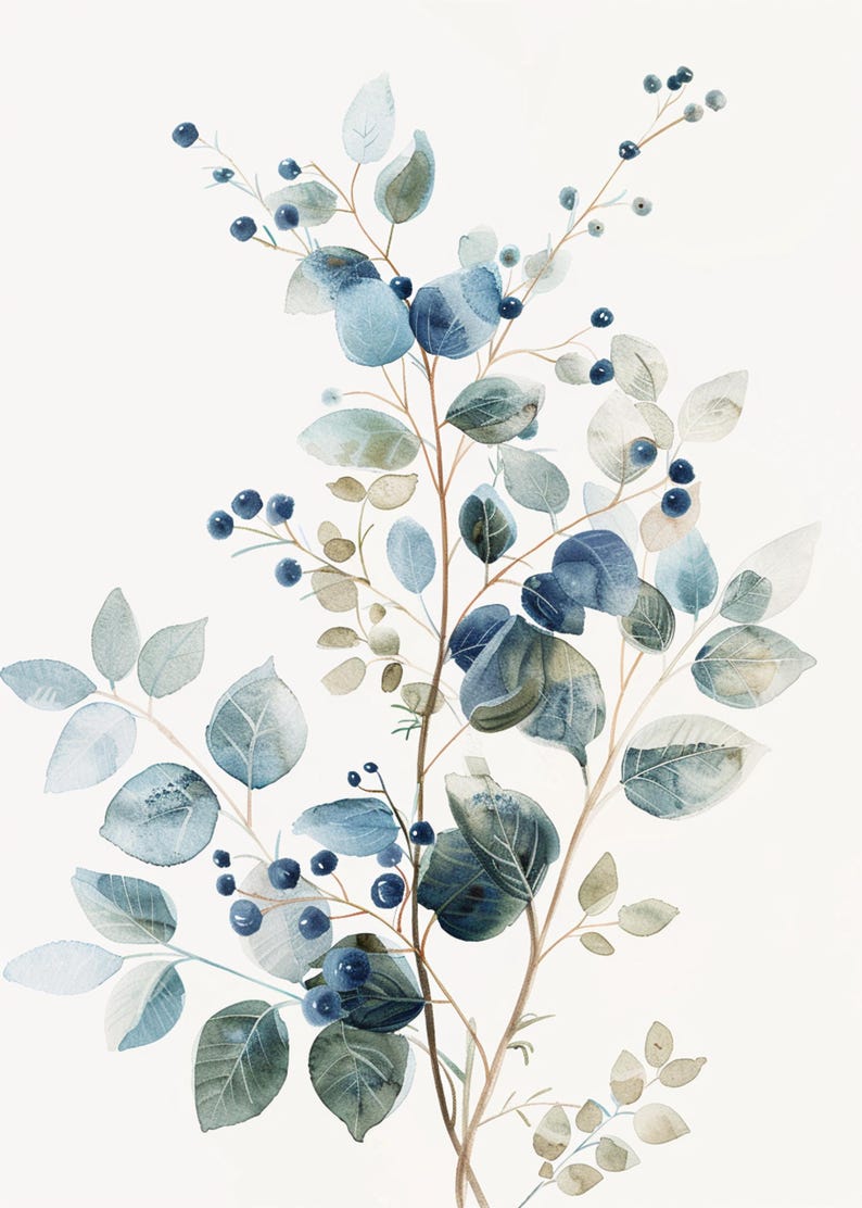 May include: Watercolour painting of a blue and green floral arrangement with berries. The painting features delicate branches with leaves and berries in shades of blue and green.