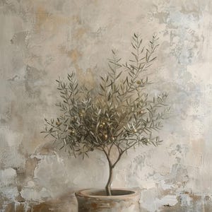 May include: A small olive tree with green leaves and small, golden olives is potted in a rustic, gray ceramic pot. The tree is set against a textured, beige wall.