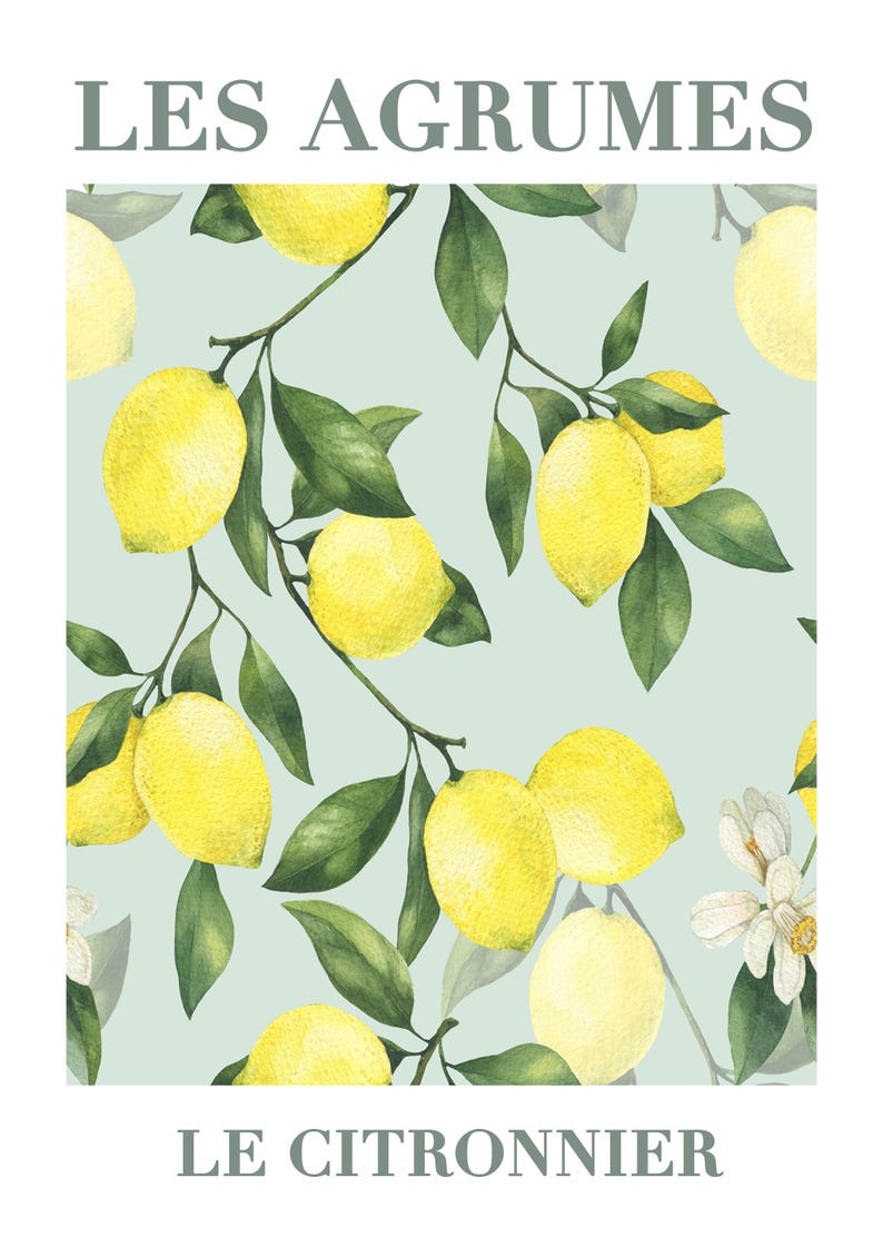 May include: A watercolor illustration of a lemon tree branch with yellow lemons and green leaves on a light blue background. The text "LES AGRUMES" is at the top of the image and "LE CITRONNIER" is at the bottom.