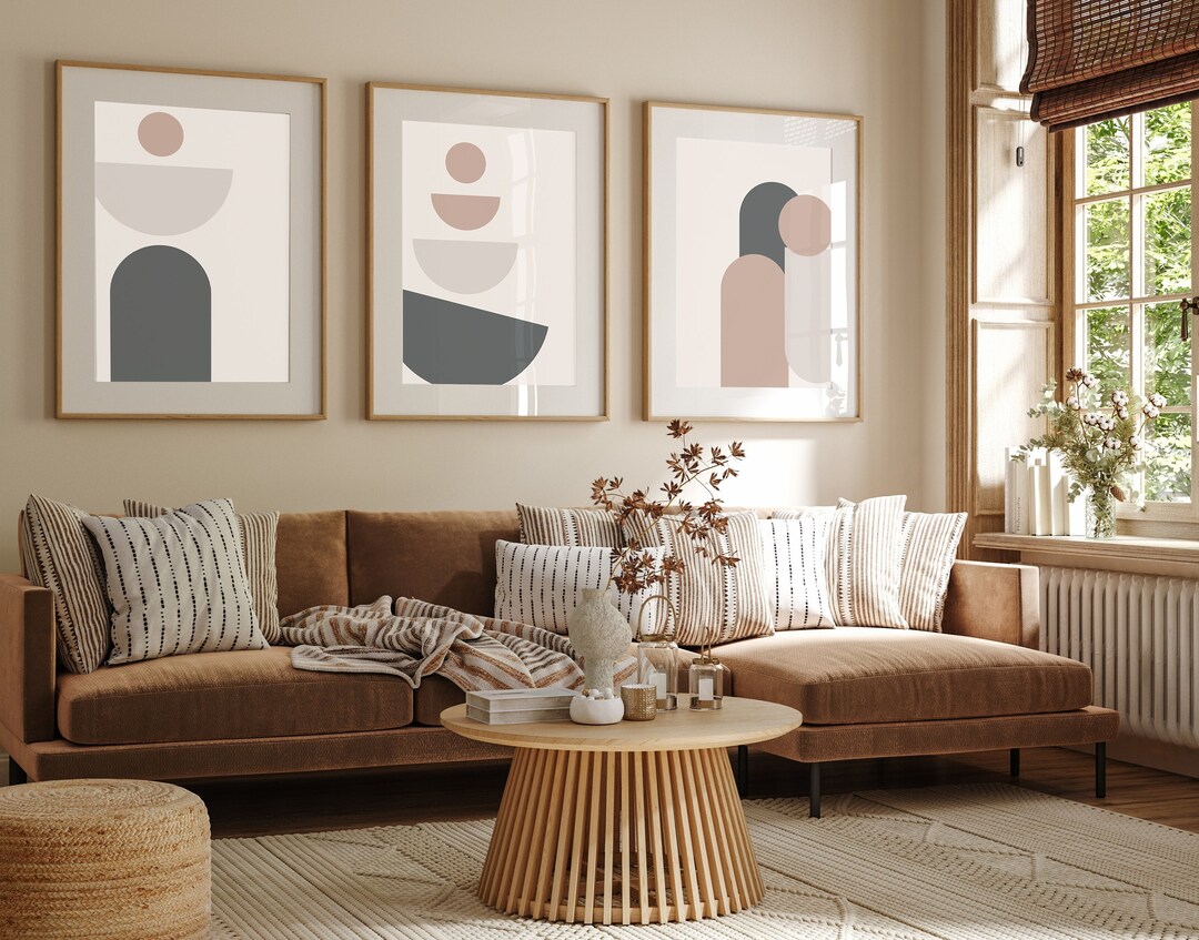 Set of 3, Geometric Abstract Art, Neutral Beige, Living Room Wall Art ...