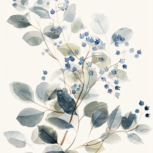 May include: Watercolour painting of a branch with blue berries and green leaves. The painting is done in a light and airy style, with the berries and leaves appearing translucent.