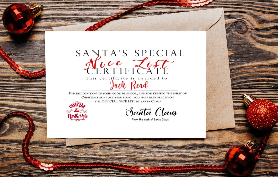 Santa’s Nice List Certificate, Father Christmas Nice List, Magical