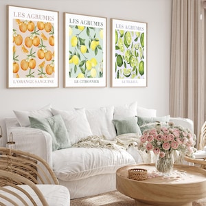May include: Three framed prints with watercolor illustrations of citrus fruits. The prints are titled "Les Agrumes" and feature oranges, lemons, and limes. The text below each print reads "L'Orange Sanguine", "Le Citronnier", and "Le Tilleul".