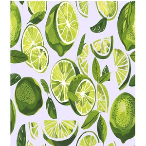 May include: A light purple background with a repeating pattern of green limes and lime slices. The text "LES AGRUMES" is at the top of the image and the text "LE TILLEUL" is at the bottom of the image.
