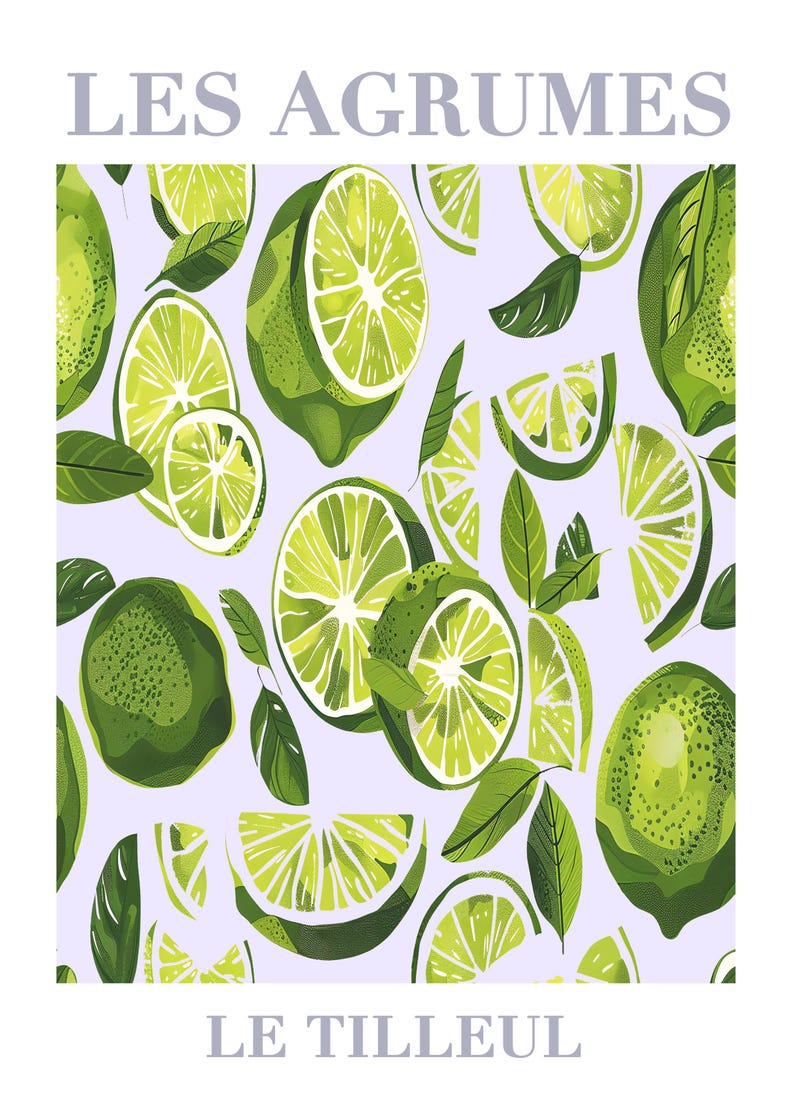 May include: A light purple background with a repeating pattern of green limes and lime slices. The text "LES AGRUMES" is at the top of the image and the text "LE TILLEUL" is at the bottom of the image.