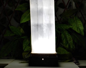 Handcrafted Large Selenite Lamp 60lbs - 18" Height - 6" x 6" Base of Wood- Natural Morrocco Selenite Polished Lamp- Gift and Home Decor