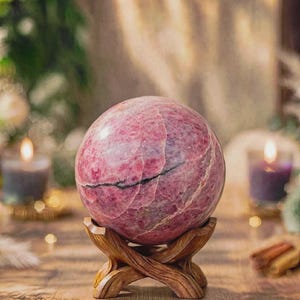 May include: A polished rhodonite sphere with mottled pink and deep red hues, featuring distinct black mineral veins throughout the surface. The stone is displayed resting securely on a carved wooden tripod stand with a natural grain finish.