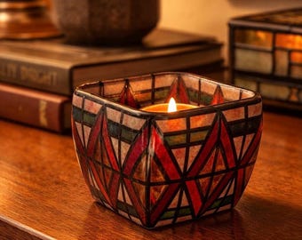 Handmade Glass Votive Holder | Signed KPS 2002 | Frank Lloyd Wright Style | Art Glass Candle Holder | Geometric Mosaic Decor