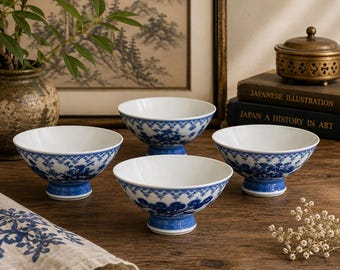 Set of 4 Vintage Japanese Blue & White Footed Bowls, 4.75” Pedestal Dessert Bowls, Blue Willow Style Porcelain, Made in Japan