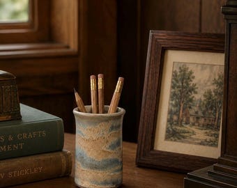 Hand Thrown Studio Pottery Pencil Paintbrush Cup | Signed Paisley 2002 | Arts Crafts Craftsman Decor | Blue & Sand Ceramic Vessel