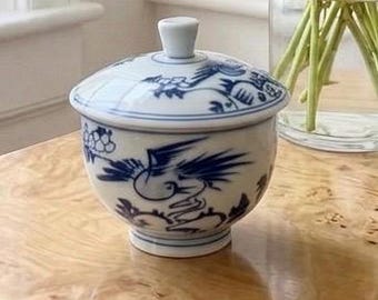 Small Blue White Covered Bowl | Chinese Porcelain Bird Motif Lidded Box | Vanity Decor, Ring Dish, Chinoiserie Chic