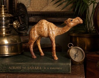 Vintage 1960s-70s Leather Camel Figurine Made in India | Mid-Century Folk Art Souvenir | Global Explorer Decor | 7” Tall