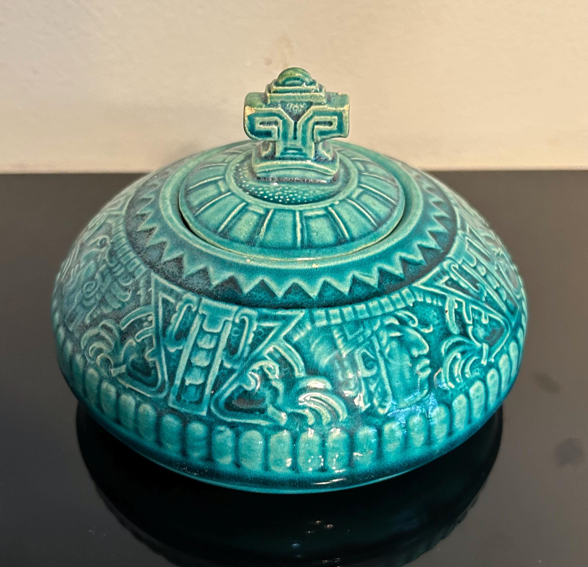 Vintage Turquoise Glazed Ceramic Lidded Jar | Aztec Mayan Revival ...