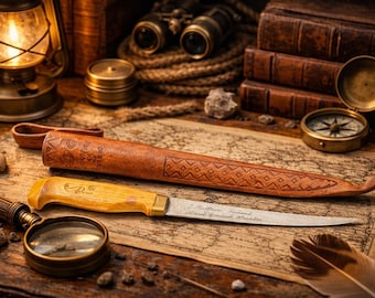 Vintage Finnish Fillet Knife – J. Marttiini Finland – Hand Ground Stainless Blade – Leather Sheath – 12” Puukko Style Fishing Knife – Rustic