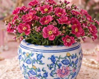 Vintage Small Porcelain Floral Vase | Blue & Pink Chinoiserie Style Bud Vase | Mini Decorative Vase | Cottagecore Shelf Decor | 4” Vase