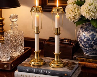 Vintage Brass Candle Shades Pair | Mid Century Modern Candle Accessories | Elegant Taper Candle Holders | Ralph Lauren Style Decor