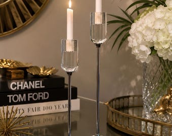 Vintage Shannon Crystal Candlestick Holders | Pair of Crystal Chrome Candle Holders | Hollywood Regency Glam Decor | 9.5” and 11.5”
