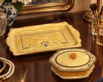 Vintage Art Deco Vanity Tray & Trinket Box Set | 1920s 1930s Pearlized Yellow Celluloid | Antique Dresser Set | Deco Vanity Decor