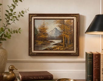 Vintage Mountain Landscape Oil Painting in Ornate Wood Frame | Rustic Cabin Lodge Wall Art | Unsigned Original Autumn Wilderness Scene