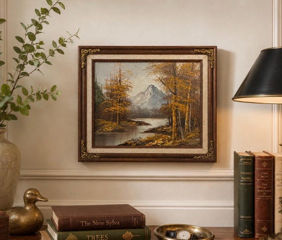 Vintage Mountain Landscape Oil Painting in Ornate Wood Frame | Rustic Cabin Lodge Wall Art | Unsigned Original Autumn Wilderness Scene