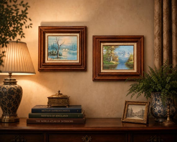 Vintage Pair Framed Original Oil Landscape Paintings Matching Wood Frames Signed Miniature Canvas Art Pair Cabin Cottage Decor