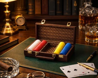 Vintage Style Poker Chip Case | Gentleman’s Study Decor | Leather Look Gaming Case | Classic Poker Set Storage | Library Lounge Aesthetic