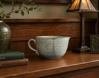 Hand Thrown Studio Pottery Bowl Signed Suzanne | Blue Gray Speckled Ceramic | Craftsman Farmhouse Decor | Artisan Serving Bowl